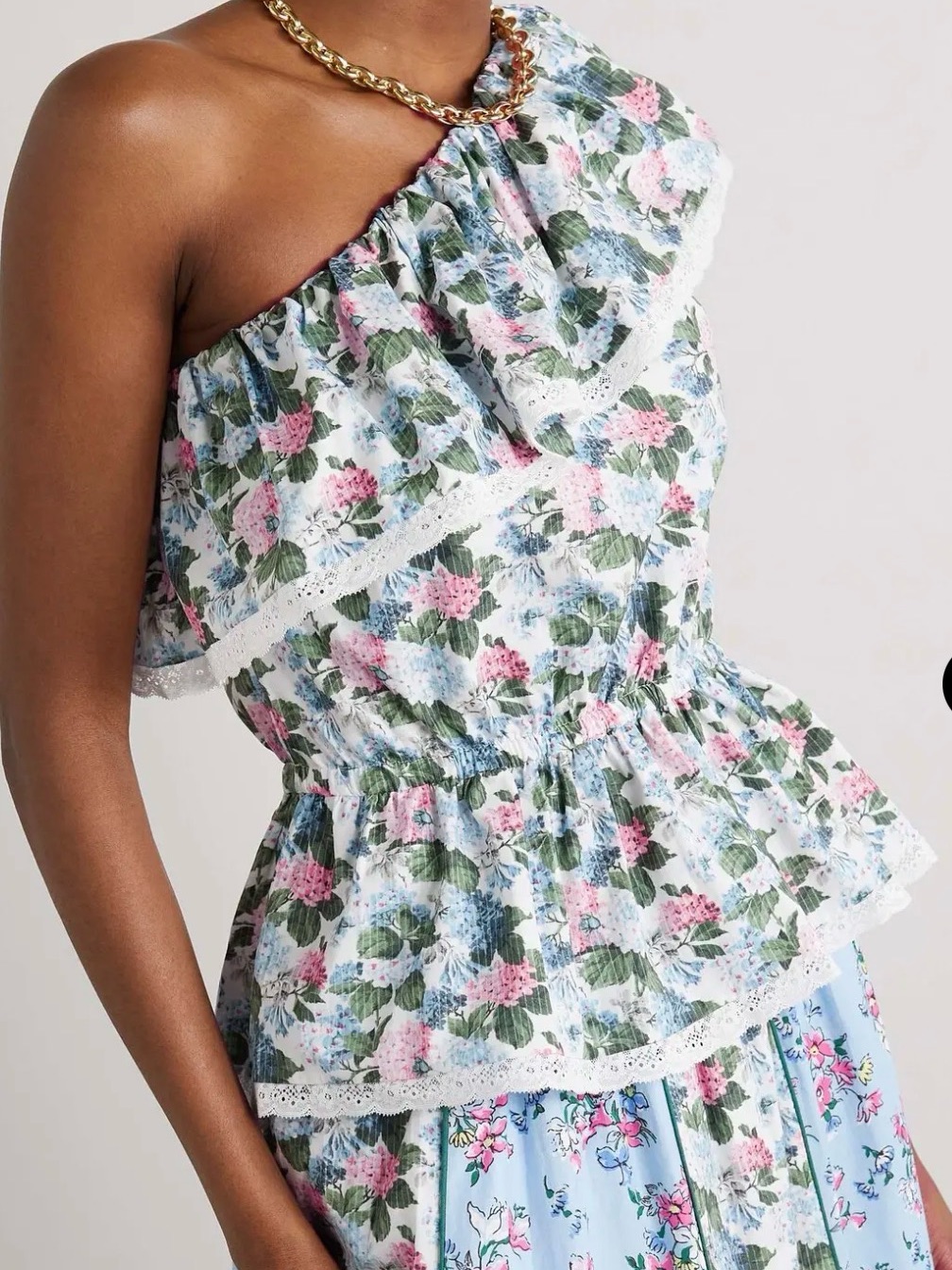 Loretta Caponi Dafne One Shoulder Lace Trim Floral Cotton Poplin Top Italy L